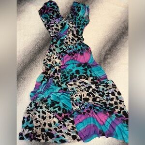 Unbranded Teal Purple Animal Print Jersey Knot Maxi‎ Dress XS X Small 0 2 (A8)